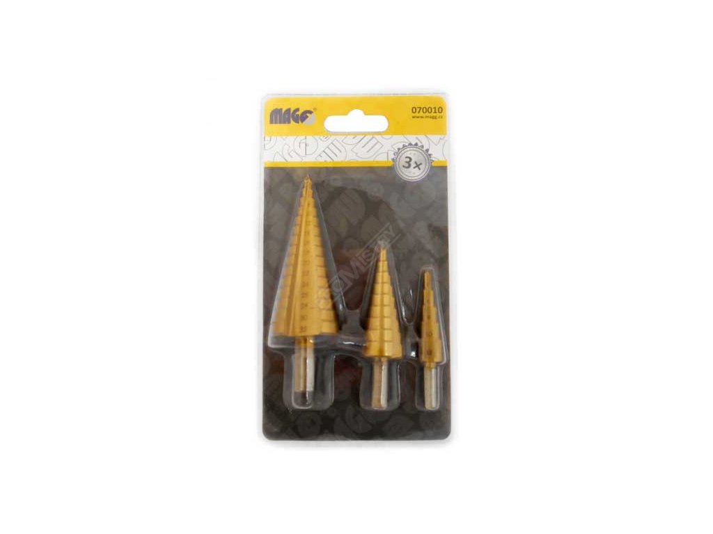 Stupňovité vrtáky 4-12 mm, 4-20 mm, 4-32 mm, sada 3 kusů